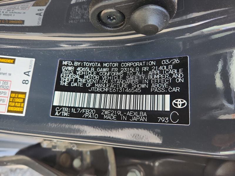 2026 Toyota Corolla Hybrid მანქანა იყიდება აუქციონზე, vin: JTDBCMFE6T3146545, აუქციონის ნომერი: 64997486