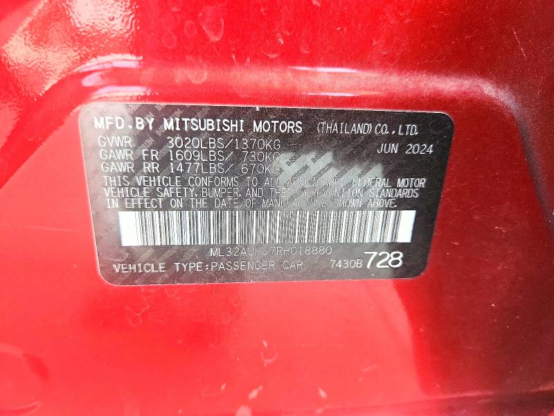 2024 Mitsubishi Mirage მანქანა იყიდება აუქციონზე, vin: ML32AUHJ7RH018880, აუქციონის ნომერი: 65856536
