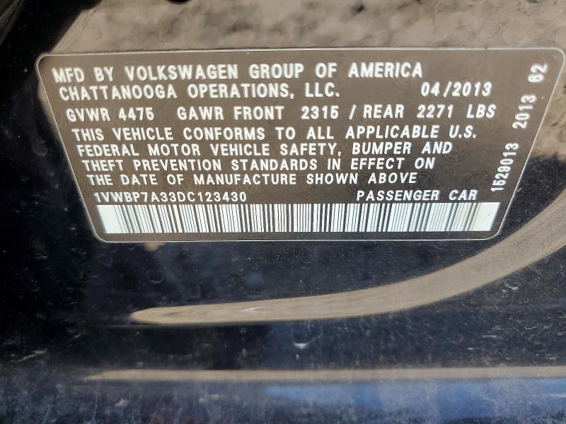 63505846 :رقم المزاد ، 1VWBP7A33DC123430 vin ، 2013 Volkswagen Passat مزاد بيع