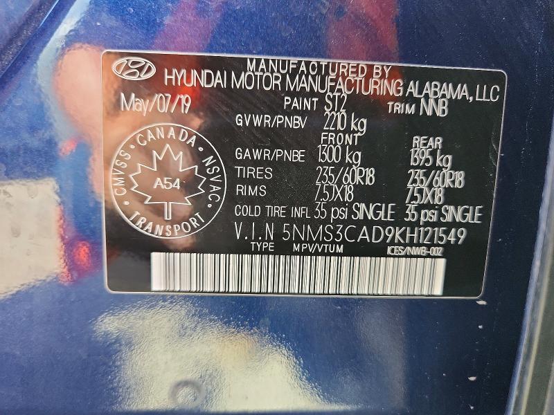 Продаж на аукціоні авто 2019 Hyundai Santa Fe, vin: 5NMS3CAD9KH121549, номер лоту: 64987356