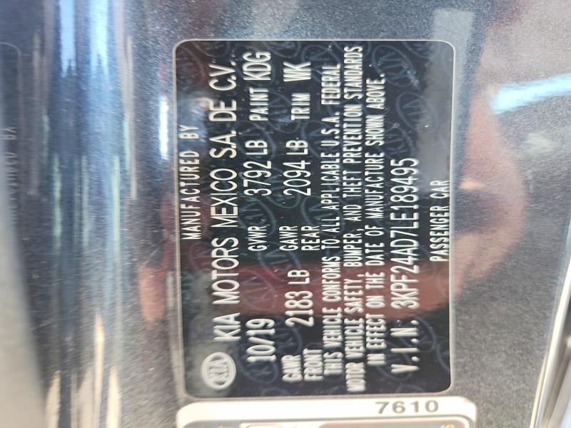 63861706 :رقم المزاد ، 3KPF24AD7LE189495 vin ، 2020 Kia Forte مزاد بيع