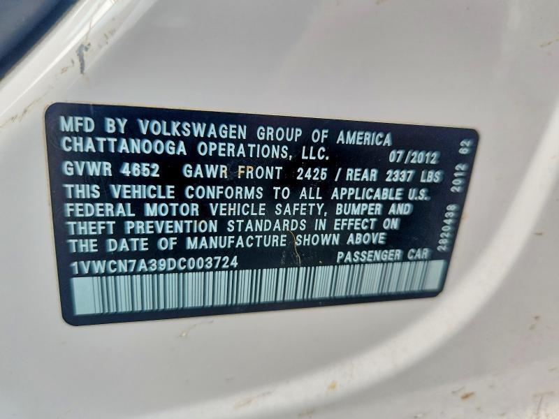 64086436 :رقم المزاد ، 1VWCN7A39DC003724 vin ، 2013 Volkswagen Passat مزاد بيع