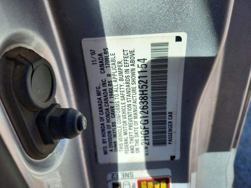 2008 Honda Civic მანქანა იყიდება აუქციონზე, vin: 2HGFG12638H521154, აუქციონის ნომერი: 67128296