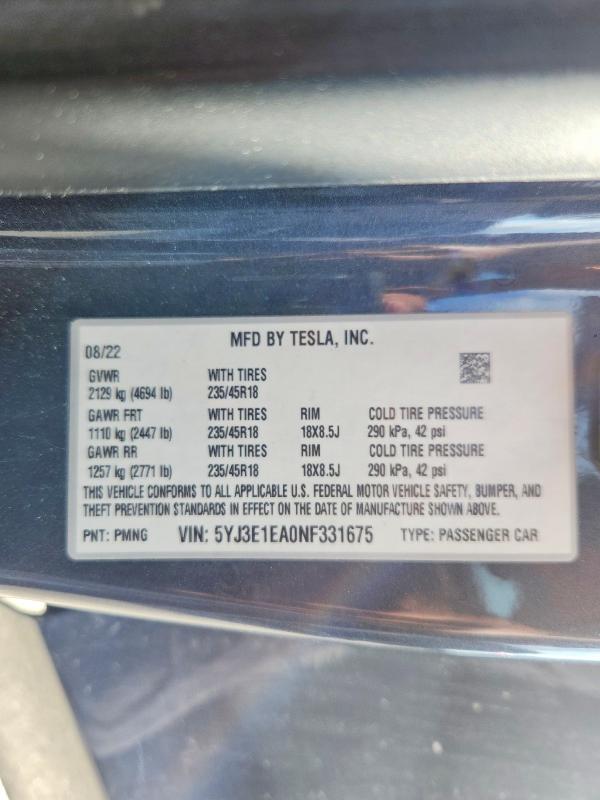 Продаж на аукціоні авто 2022 Tesla Model 3, vin: 5YJ3E1EA0NF331675, номер лоту: 63567546