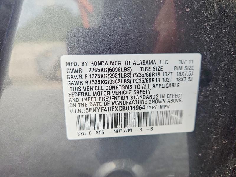 2012 Honda Pilot მანქანა იყიდება აუქციონზე, vin: 5FNYF4H6XCB014964, აუქციონის ნომერი: 64119366