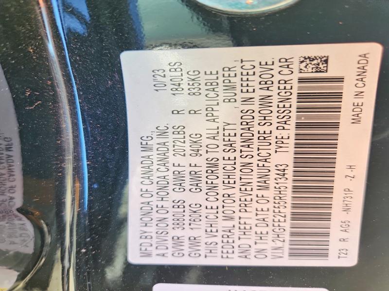 Продаж на аукціоні авто 2024 Honda Civic, vin: 2HGFE2F55RH513443, номер лоту: 66413326
