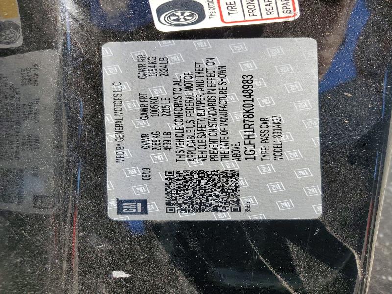 Auction sale of the 2019 Chevrolet Camaro, vin: 1G1FH1R78K0148983, lot number: 65359626