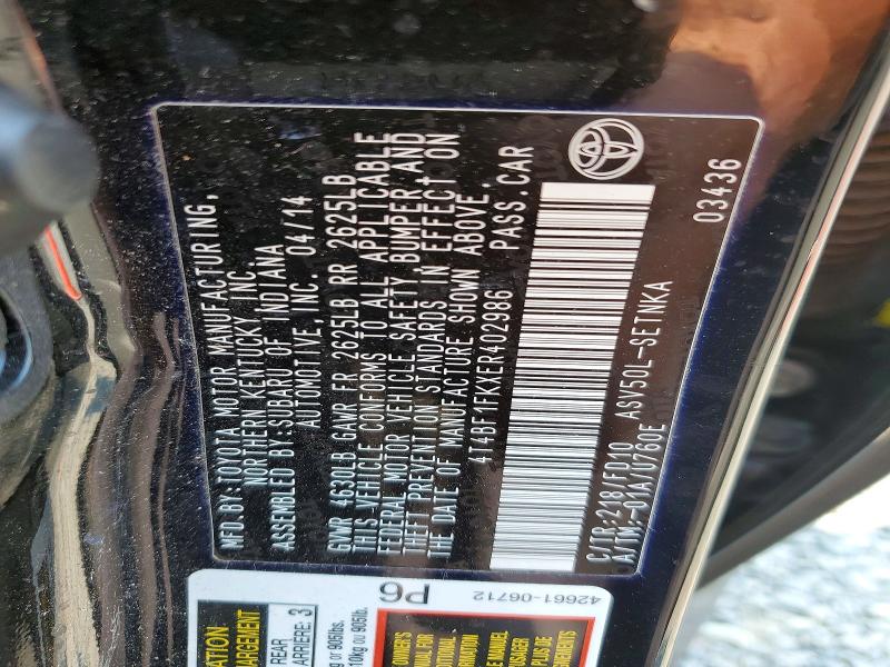 Aukcja sprzedaży 2014 Toyota Camry, vin: 4T4BF1FKXER402986, numer aukcji: 65229666