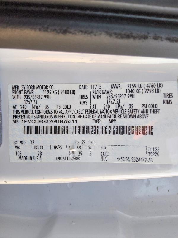 Продажа на аукционе авто 2016 Ford Escape, vin: 1FMCU9GX2GUB75311, номер лота: 66439546