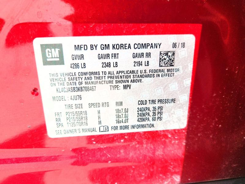 2019 Buick Encore მანქანა იყიდება აუქციონზე, vin: KL4CJASB3KB708467, აუქციონის ნომერი: 65046386