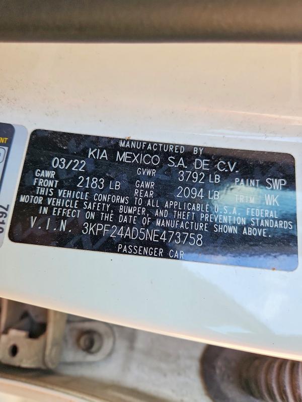 65802426 :رقم المزاد ، 3KPF24AD5NE473758 vin ، 2022 Kia Forte مزاد بيع