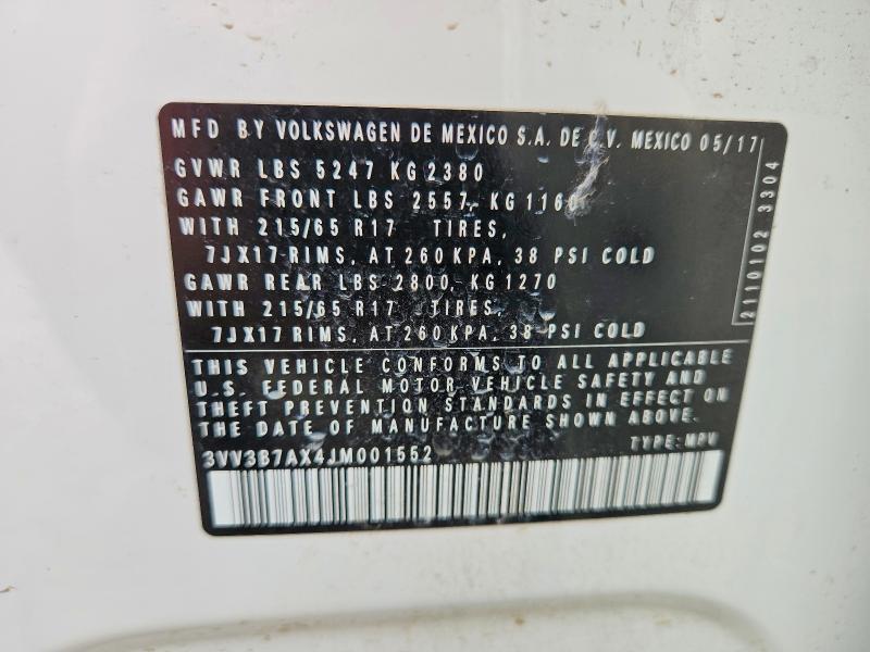 Продаж на аукціоні авто 2018 Volkswagen Tiguan, vin: 3VV3B7AX4JM001552, номер лоту: 65164596