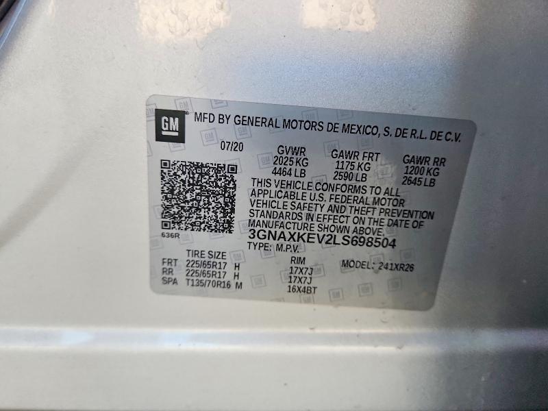 66999286 :رقم المزاد ، 3GNAXKEV2LS698504 vin ، 2020 Chevrolet Equinox مزاد بيع