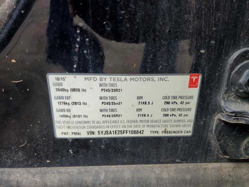 2015 Tesla Model S მანქანა იყიდება აუქციონზე, vin: 5YJSA1E25FF108842, აუქციონის ნომერი: 64070156