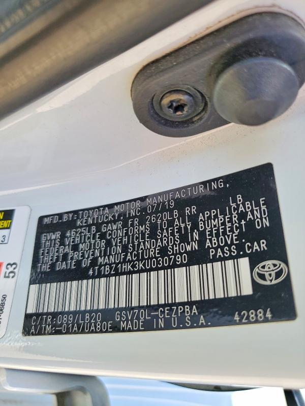 2019 Toyota Camry მანქანა იყიდება აუქციონზე, vin: 4T1BZ1HK3KU030790, აუქციონის ნომერი: 63814316
