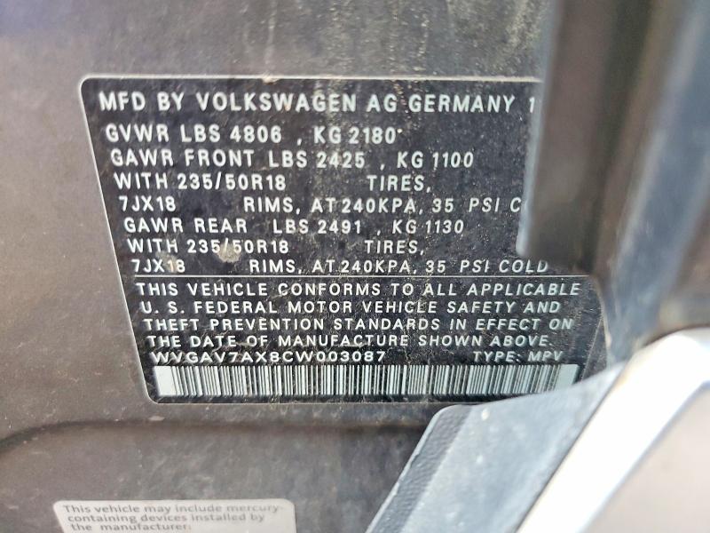 Продажа на аукционе авто 2012 Volkswagen Tiguan, vin: WVGAV7AX8CW003087, номер лота: 63476086