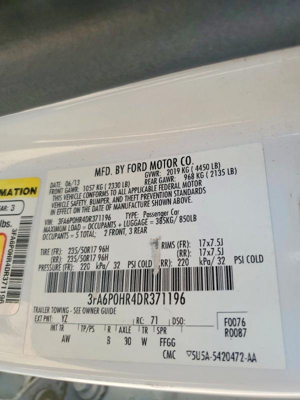 2013 Ford Fusion მანქანა იყიდება აუქციონზე, vin: 3FA6P0HR4DR371196, აუქციონის ნომერი: 66311496