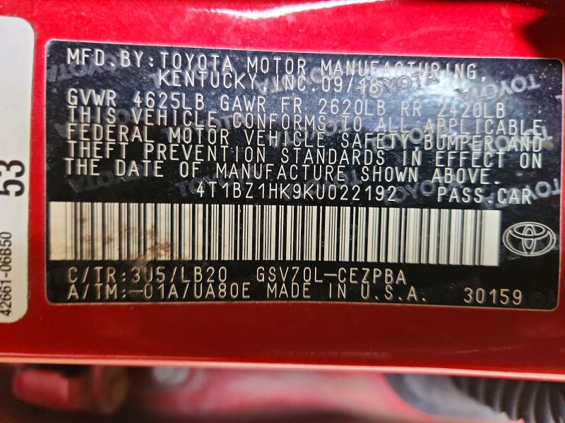 Продаж на аукціоні авто 2019 Toyota Camry, vin: 4T1BZ1HK9KU022192, номер лоту: 55306436