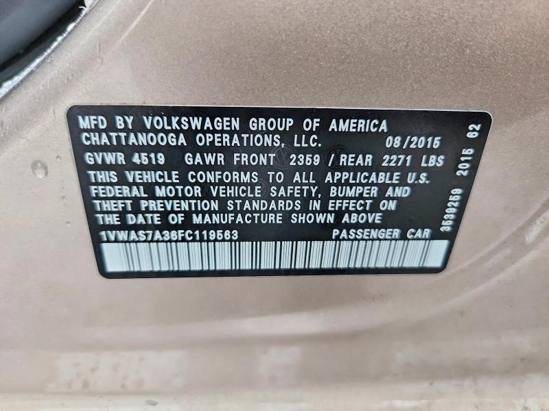 Продажа на аукционе авто 2015 Volkswagen Passat, vin: 1VWAS7A36FC119563, номер лота: 63052266