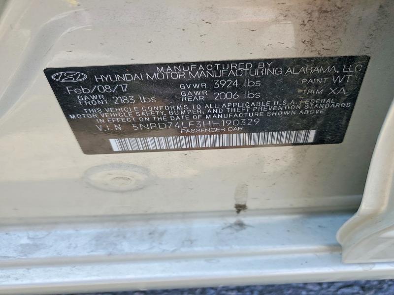 64493236 :رقم المزاد ، 5NPD74LF3HH190329 vin ، 2017 Hyundai Elantra مزاد بيع