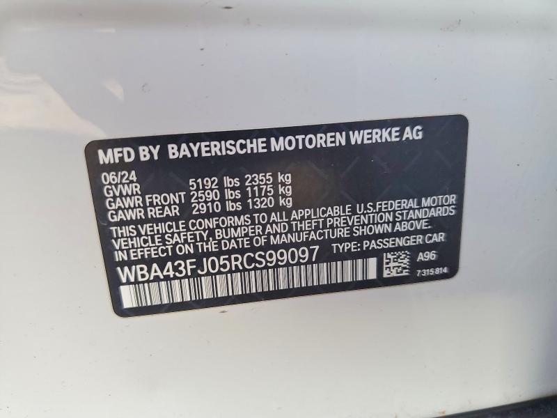 64831146 :رقم المزاد ، WBA43FJ05RCS99097 vin ، 2024 Bmw 530 مزاد بيع