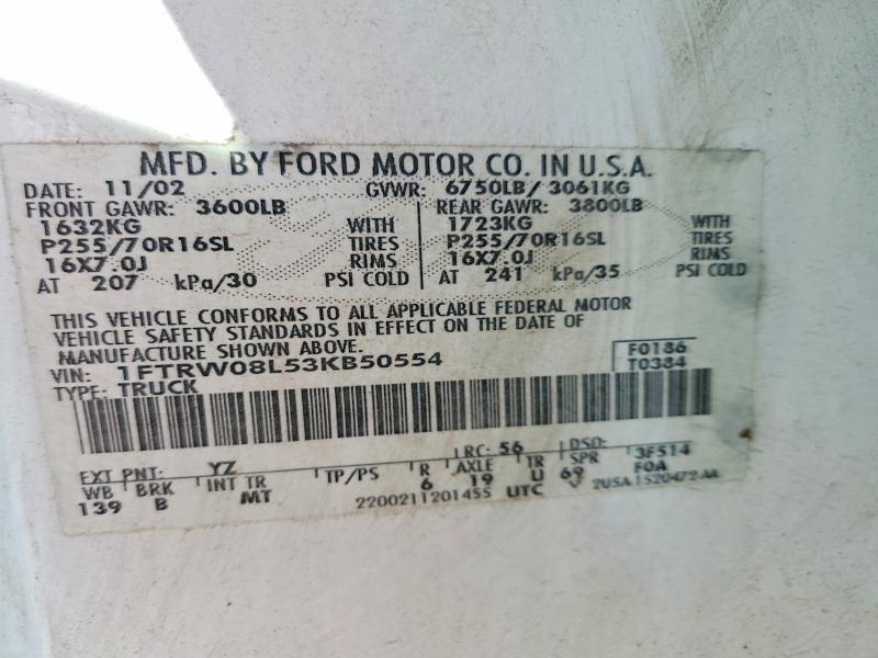 Auction sale of the 2003 Ford F150, vin: 1FTRW08L53KB50554, lot number: 65333116