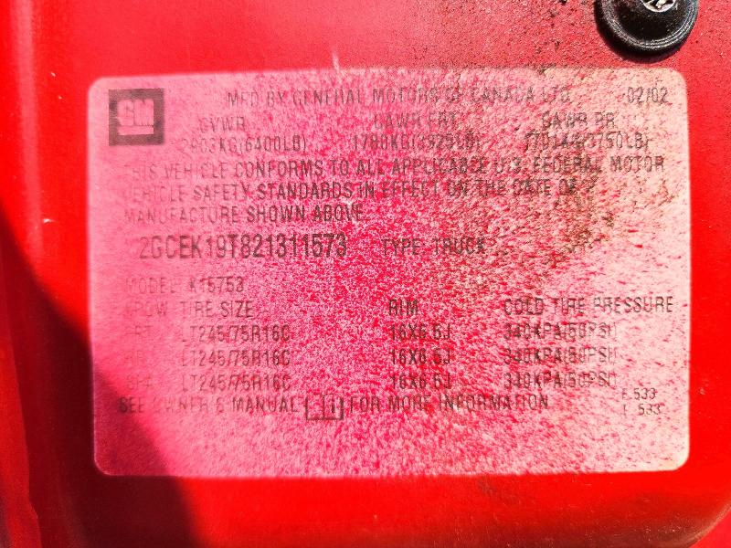 2002 Chevrolet Silverado მანქანა იყიდება აუქციონზე, vin: 2GCEK19T821311573, აუქციონის ნომერი: 63908376