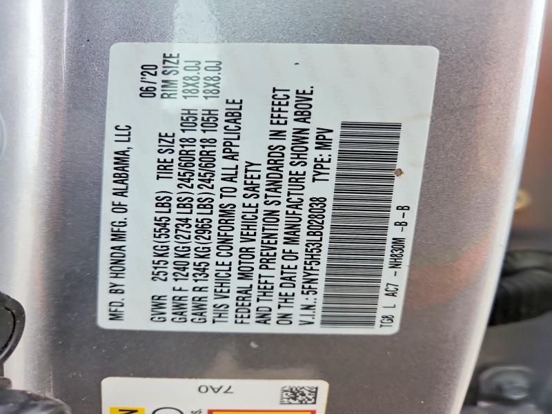 66598486 :رقم المزاد ، 5FNYF5H53LB028038 vin ، 2020 Honda Pilot مزاد بيع