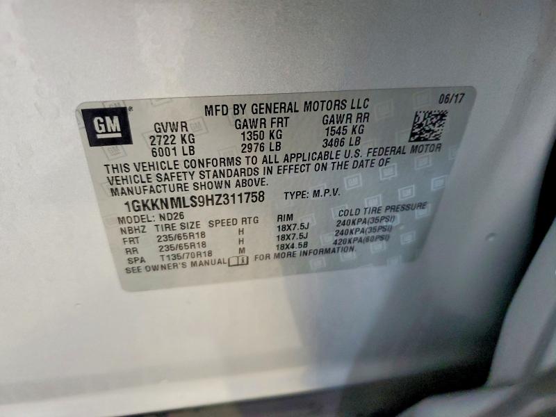 Aukcja sprzedaży 2017 Gmc Acadia, vin: 1GKKNMLS9HZ311758, numer aukcji: 65433976