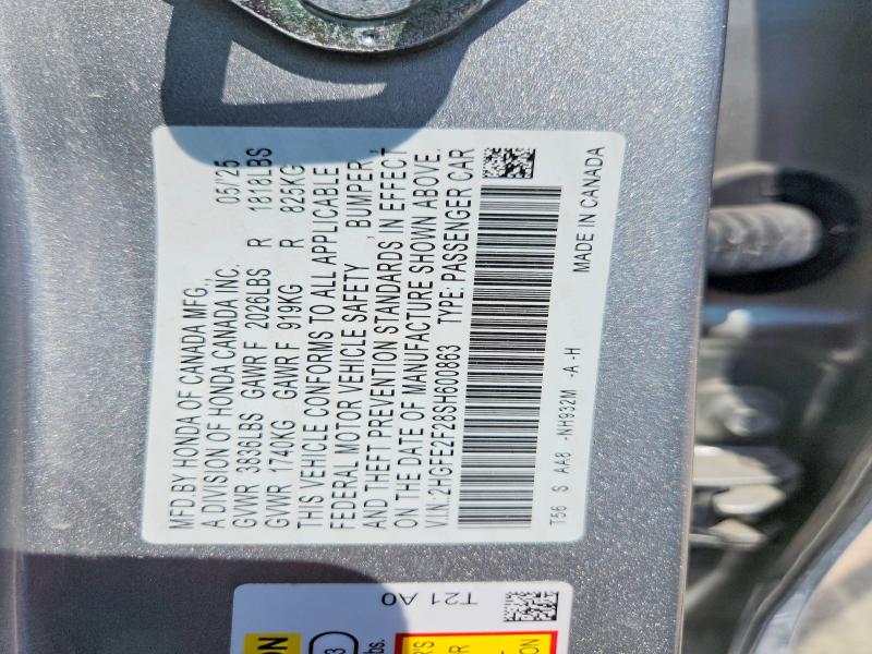 Продаж на аукціоні авто 2025 Honda Civic, vin: 2HGFE2F28SH600863, номер лоту: 61943956