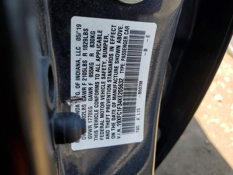 2019 Honda Civic მანქანა იყიდება აუქციონზე, vin: 19XFC1F34KE205632, აუქციონის ნომერი: 64605576