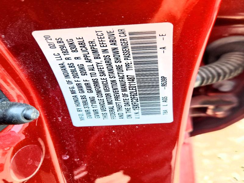 2020 Honda Civic მანქანა იყიდება აუქციონზე, vin: 19XFC2F62LE011487, აუქციონის ნომერი: 64472796