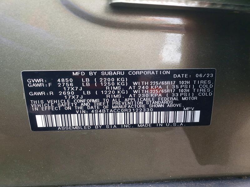 Aukcja sprzedaży 2024 Subaru Outback, vin: 4S4BTACC0R3122330, numer aukcji: 65135506