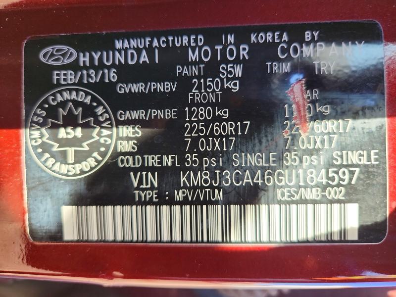 Aukcja sprzedaży 2016 Hyundai Tucson, vin: KM8J3CA46GU184597, numer aukcji: 64813216