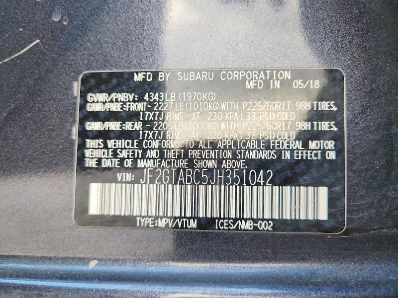 2018 Subaru Crosstrek მანქანა იყიდება აუქციონზე, vin: JF2GTABC5JH351042, აუქციონის ნომერი: 66296436