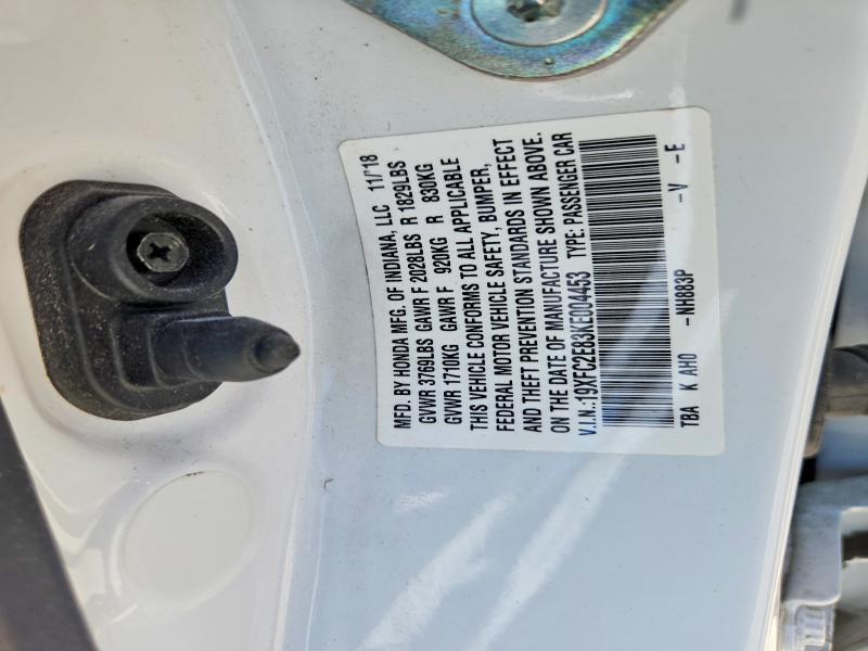 2019 Honda Civic მანქანა იყიდება აუქციონზე, vin: 19XFC2E83KE004453, აუქციონის ნომერი: 63409956