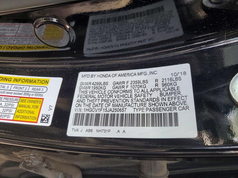 2019 Honda Accord მანქანა იყიდება აუქციონზე, vin: 1HGCV1F15JA250657, აუქციონის ნომერი: 59407476