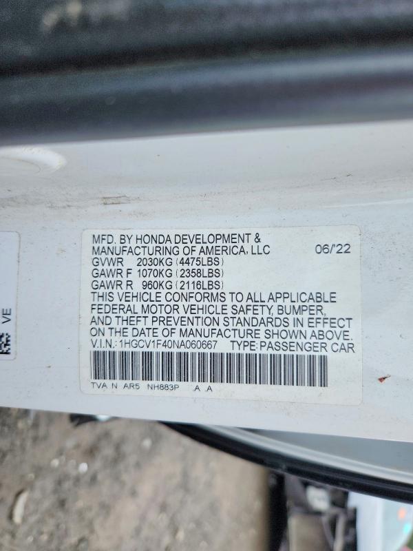 2022 Honda Accord მანქანა იყიდება აუქციონზე, vin: 1HGCV1F40NA060667, აუქციონის ნომერი: 65153096