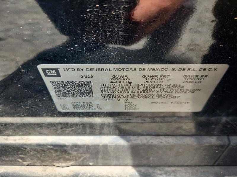 2019 Chevrolet Equinox მანქანა იყიდება აუქციონზე, vin: 3GNAXHEV6KL354587, აუქციონის ნომერი: 63817376