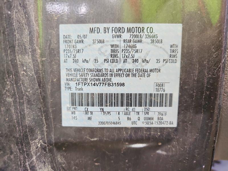 2007 Ford F150 მანქანა იყიდება აუქციონზე, vin: 1FTPX14V77FB31598, აუქციონის ნომერი: 65366376