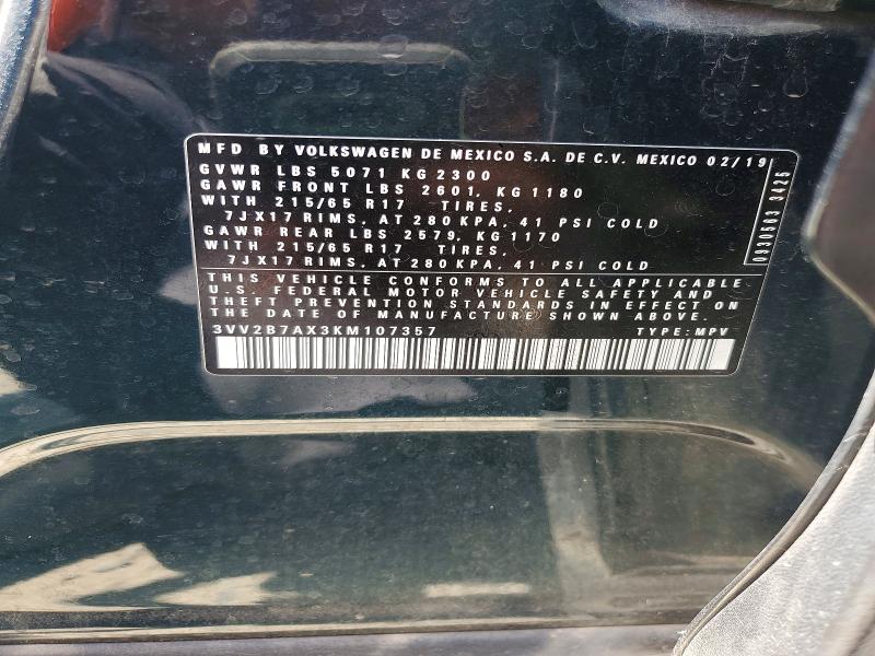 2019 Volkswagen Tiguan მანქანა იყიდება აუქციონზე, vin: 3VV2B7AX3KM107357, აუქციონის ნომერი: 63768256