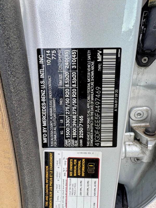 65861846 :رقم المزاد ، 4JGDF6EE5FA497469 vin ، 2015 Mercedes-benz Gl مزاد بيع