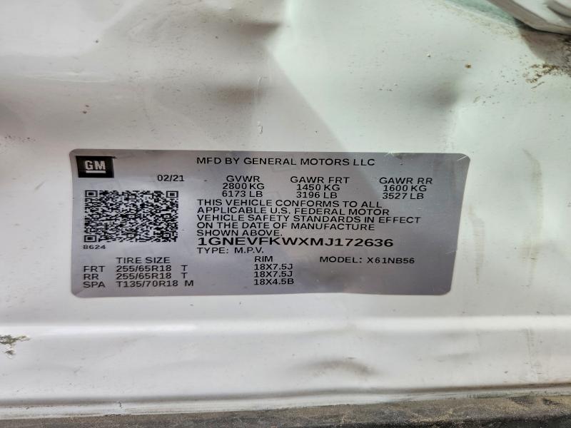 Продаж на аукціоні авто 2021 Chevrolet Traverse, vin: 1GNEVFKWXMJ172636, номер лоту: 66446636