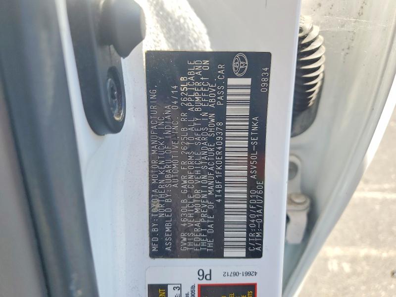 2014 Toyota Camry მანქანა იყიდება აუქციონზე, vin: 4T4BF1FK0ER409378, აუქციონის ნომერი: 61443196