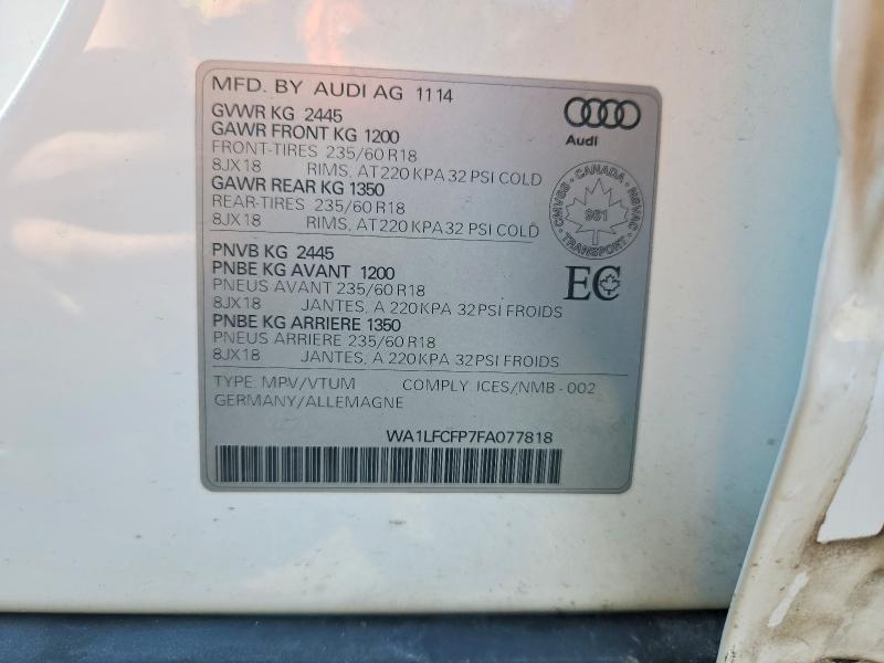 Продаж на аукціоні авто 2015 Audi Q5, vin: WA1LFCFP7FA077818, номер лоту: 61297896