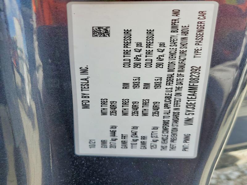 66104666 :رقم المزاد ، 5YJ3E1EA4MF082392 vin ، 2021 Tesla Model 3 مزاد بيع