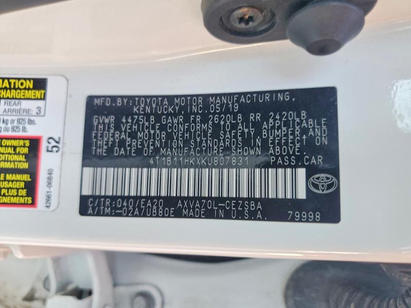2019 Toyota Camry მანქანა იყიდება აუქციონზე, vin: 4T1B11HKXKU807831, აუქციონის ნომერი: 65447746