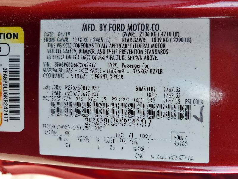 Продажа на аукционе авто 2019 Ford Fusion, vin: 3FA6P0LU6KR242417, номер лота: 67036536