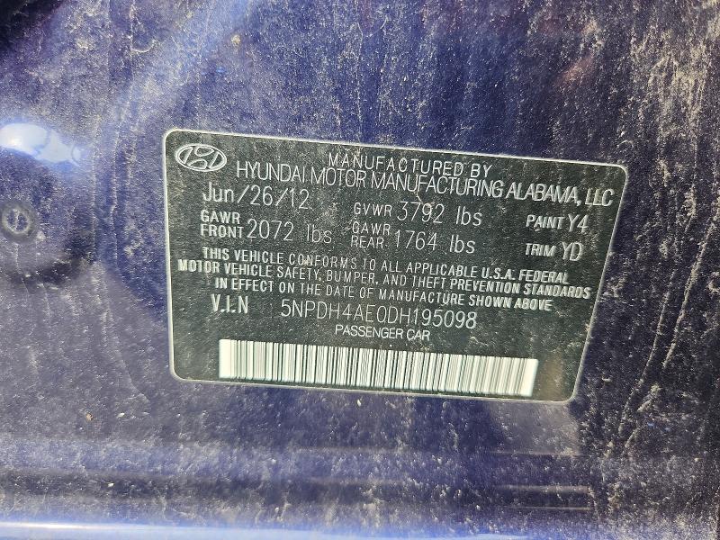 64897156 :رقم المزاد ، 5NPDH4AE0DH195098 vin ، 2013 Hyundai Elantra مزاد بيع