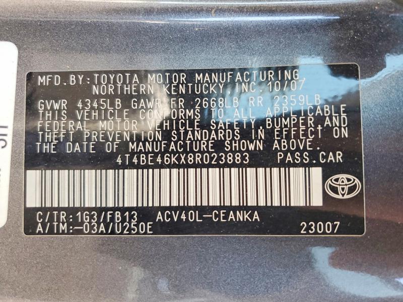 2008 Toyota Camry მანქანა იყიდება აუქციონზე, vin: 4T4BE46KX8R023883, აუქციონის ნომერი: 64702556